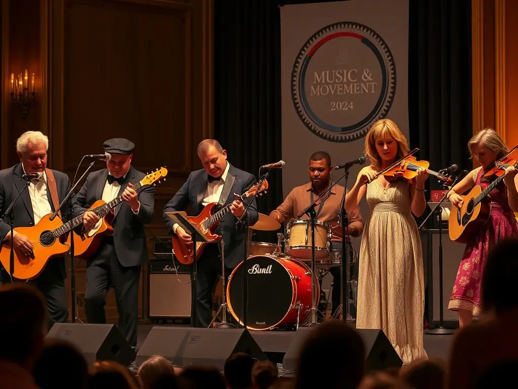 A photograph of musicians performing at the Music & Movement Gala, featuring a diverse group of performers on stage with instruments and expressive body language.