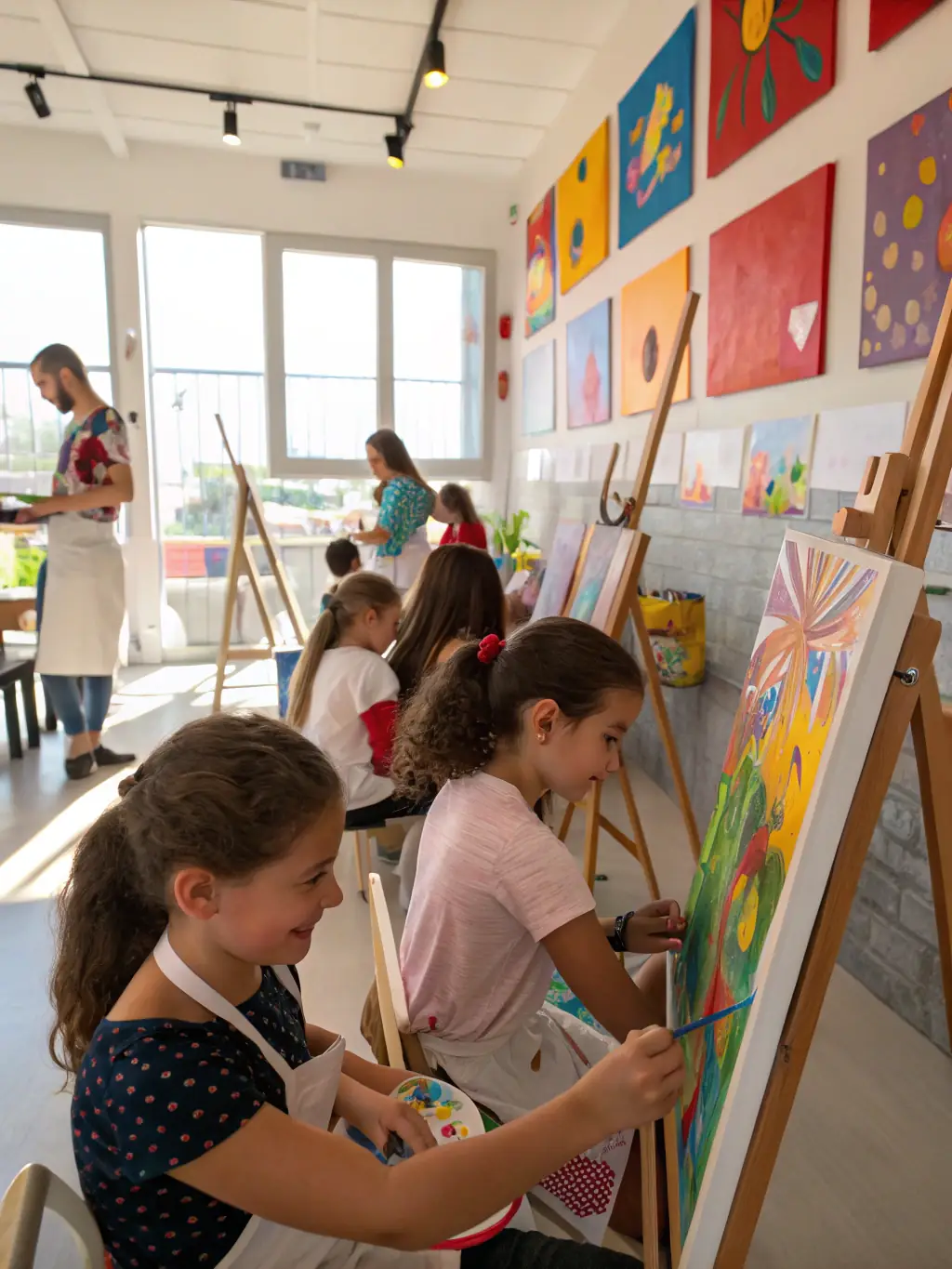 A photograph of a community outreach event, showing children and adults participating in an interactive art session, with colorful artwork displayed in the background.