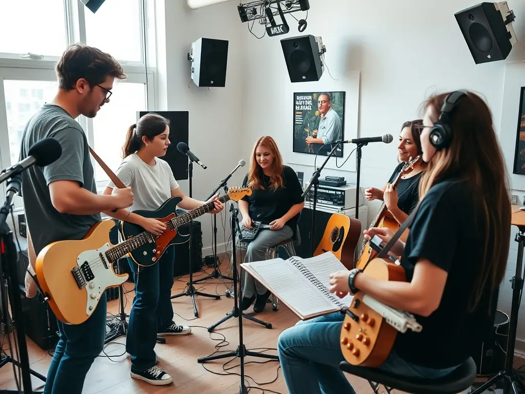 A photograph of artists collaborating during an artistic residency program, showing them working on their projects in a creative and supportive environment.