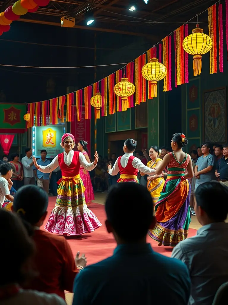A vibrant photograph capturing a live dance performance at the Spring Dance Festival, showcasing dancers in motion with dynamic lighting and costumes, set against a backdrop of an engaged audience.