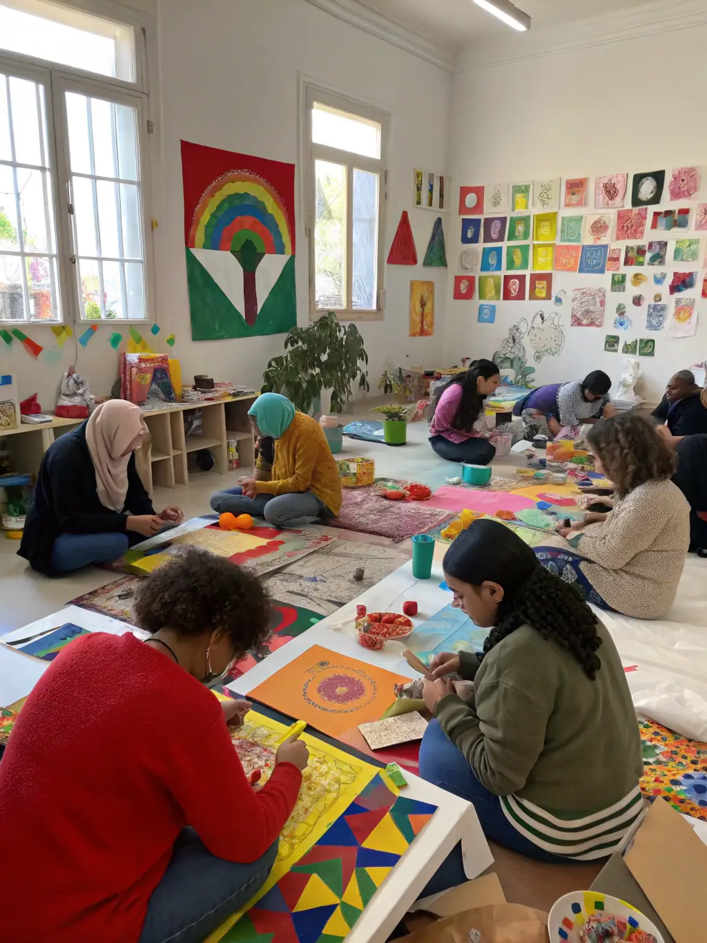 A photograph of a community workshop led by LIGHTS LIVE, showing participants actively engaged in a creative activity, emphasizing the organization's commitment to accessible arts education.