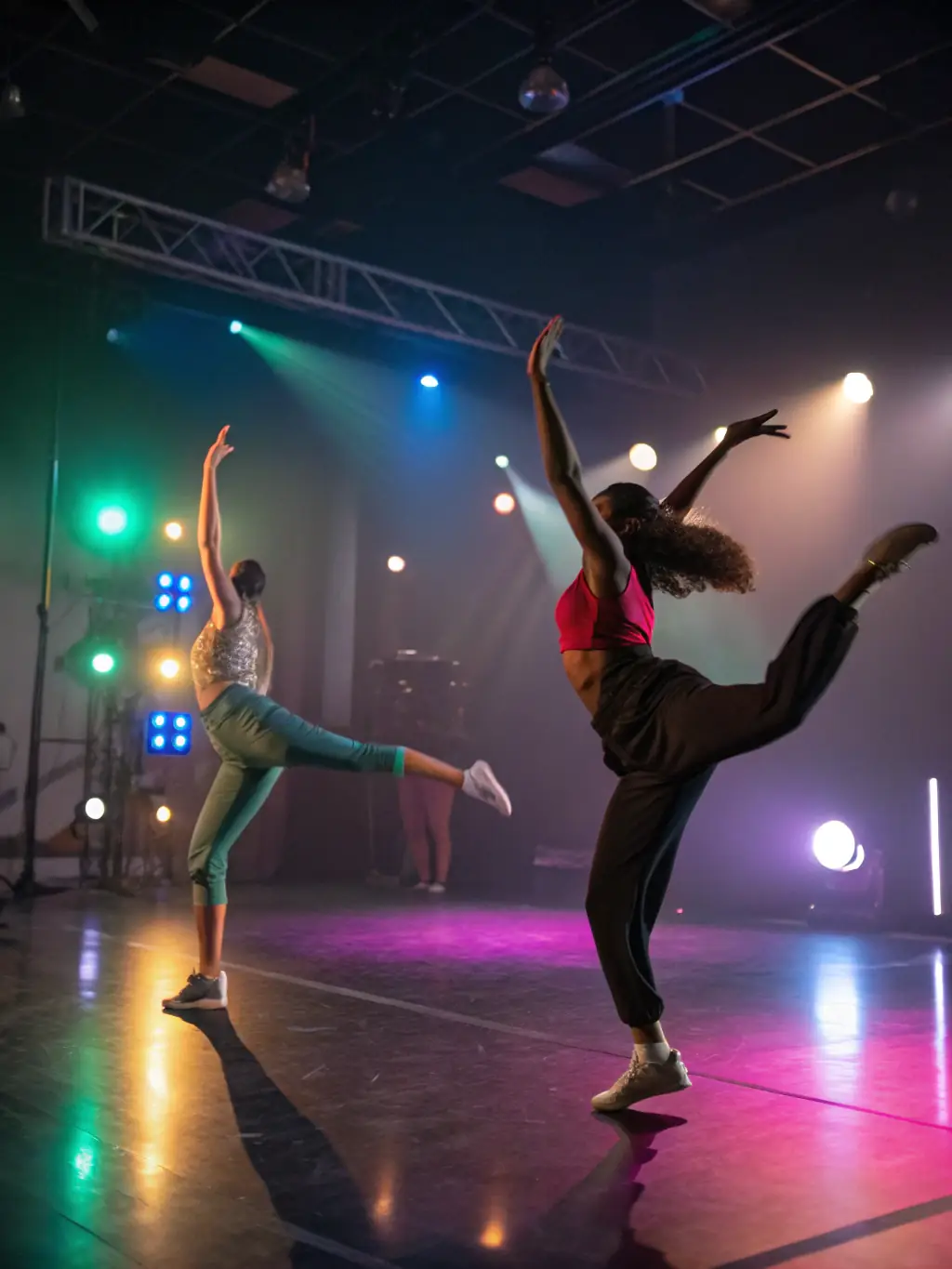 A vibrant photograph capturing a live dance performance during the Spring Dance Festival 2022, showcasing dancers in motion with dynamic lighting and a captivated audience.