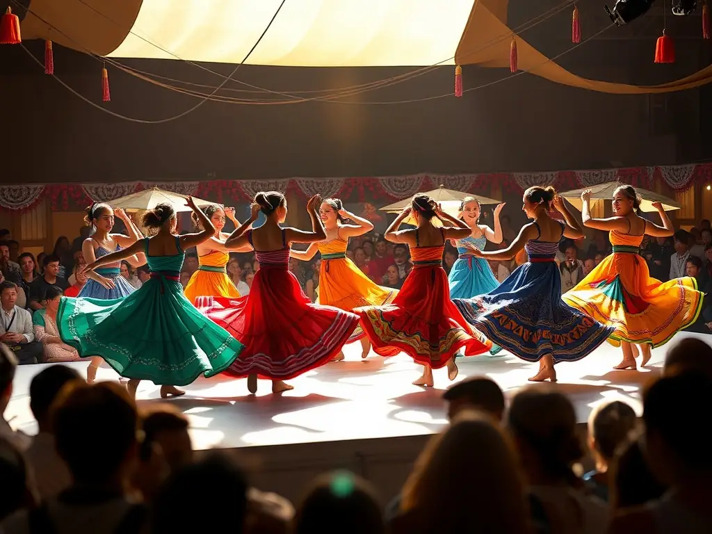 A vibrant photograph capturing a live dance performance during the Spring Dance Festival, showcasing dancers in motion with dynamic lighting and a captivated audience in the background.