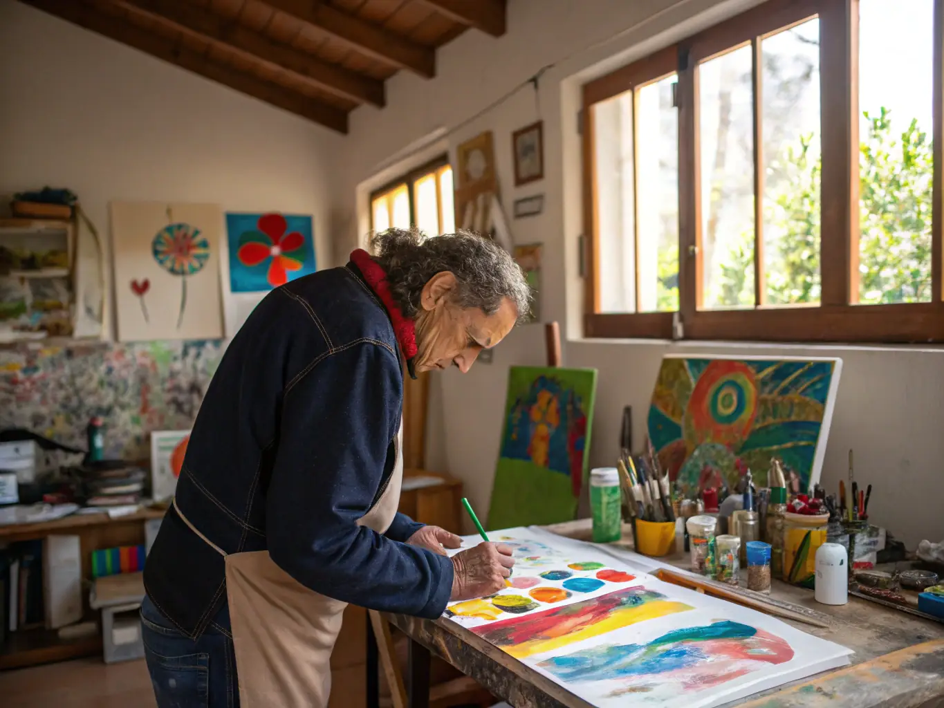 A photo of an artist working in a studio during the Artistic Residency Program, showing the artist surrounded by their tools and materials, with a focus on the creative process.