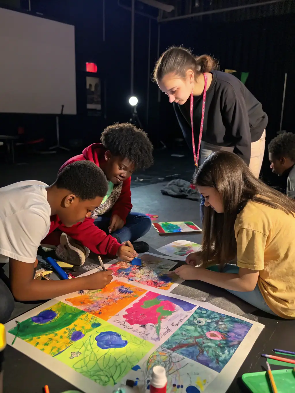 A photo of artists engaged in a workshop during the Artistic Residency Program, showing them collaborating on a mural with paintbrushes and various art supplies in a studio setting.