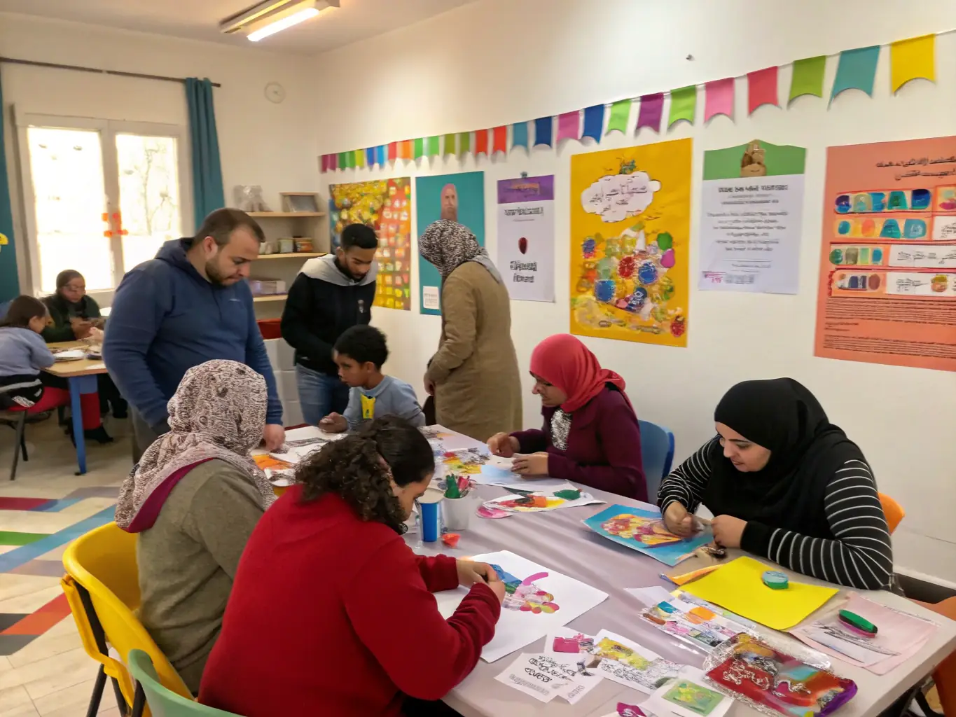 A photograph capturing a community workshop in progress, with participants of all ages actively engaged in a hands-on arts activity, demonstrating LIGHTS LIVE's commitment to accessible arts education.