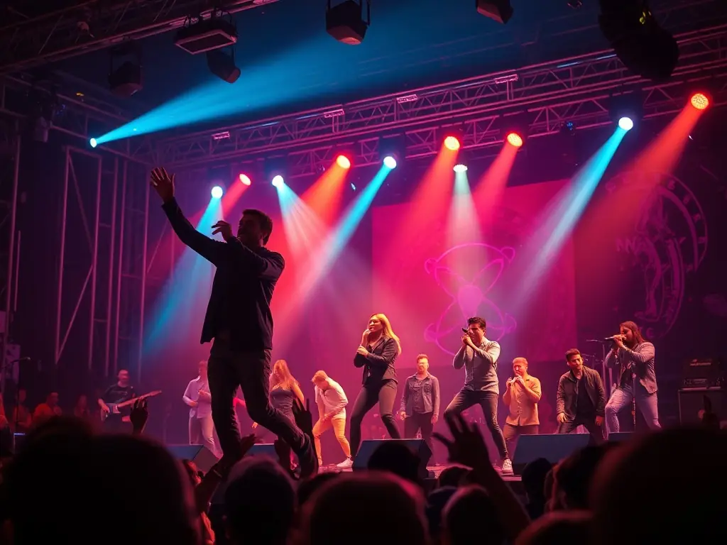 A photograph capturing a live performance coordination event, showcasing diverse artists on stage with dynamic lighting and an engaged audience, reflecting the vibrant atmosphere of LIGHTS LIVE.